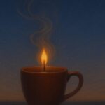 コーヒーから灯る火種と夜明け空を描いた詩的イメージ