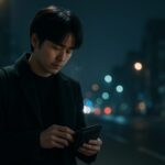 忘年会の出費に悩みながら、夜道で財布を見つめる若手男性。金銭的不安と静かな葛藤を映し出す冬の情景。 A young man stares down at his wallet under a cold streetlight, portraying the quiet tension of financial stress during year-end gatherings.