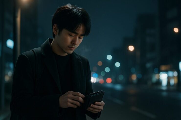 忘年会の出費に悩みながら、夜道で財布を見つめる若手男性。金銭的不安と静かな葛藤を映し出す冬の情景。 A young man stares down at his wallet under a cold streetlight, portraying the quiet tension of financial stress during year-end gatherings.