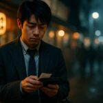 忘年会の会計後、財布を見つめて立ち尽くす若手男性。モヤモヤを言葉にできない静かな葛藤の瞬間。 A young man standing outside a restaurant at night, staring down at his wallet after a year-end party, reflecting silent frustration and emotional exhaustion.