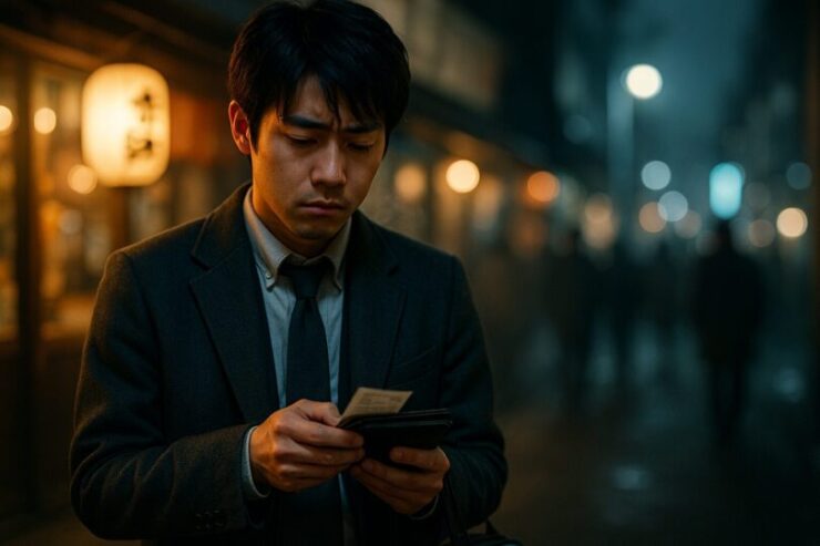 忘年会の会計後、財布を見つめて立ち尽くす若手男性。モヤモヤを言葉にできない静かな葛藤の瞬間。 A young man standing outside a restaurant at night, staring down at his wallet after a year-end party, reflecting silent frustration and emotional exhaustion.