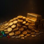 金銀財宝が積み上がったラグジュアリーな財宝シーン。金貨と銀貨、金塊、輝く宝石が温かいゴールド光で照らされ、豊かさと繁栄を象徴するアイキャッチ A luxurious treasure scene with stacked gold coins, silver coins, gold bars, and glowing gemstones illuminated by warm golden light, symbolizing wealth and abundance