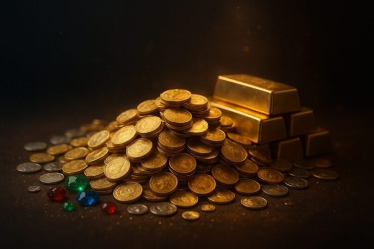 金銀財宝が積み上がったラグジュアリーな財宝シーン。金貨と銀貨、金塊、輝く宝石が温かいゴールド光で照らされ、豊かさと繁栄を象徴するアイキャッチ A luxurious treasure scene with stacked gold coins, silver coins, gold bars, and glowing gemstones illuminated by warm golden light, symbolizing wealth and abundance