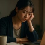 お金の不安を抱えてノートPCを見つめる女性が、夜の静かな部屋で悩み込んでいる。家計や将来の資金計画に行き詰まり、手元のメモを見ながら考え込む日常的なシーン。 A young woman worried about her finances sits in a quiet room at night, staring at her laptop with a troubled expression as she thinks about her budget and future money plans.