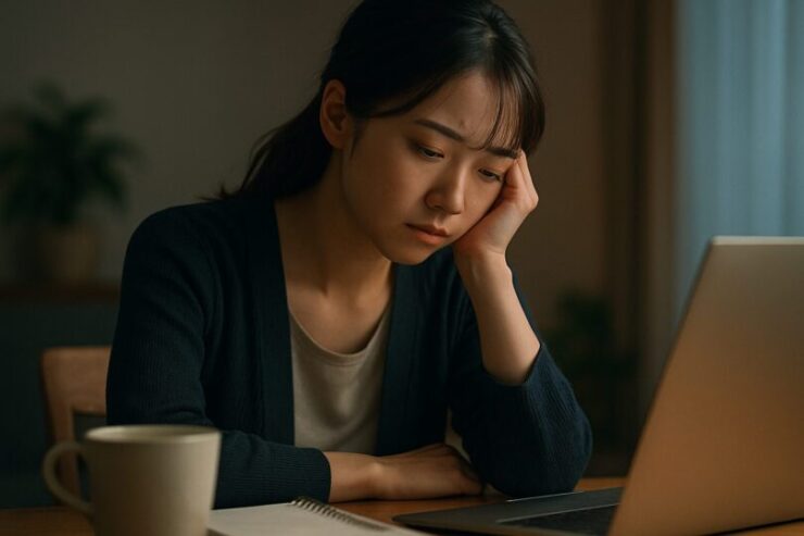 お金の不安を抱えてノートPCを見つめる女性が、夜の静かな部屋で悩み込んでいる。家計や将来の資金計画に行き詰まり、手元のメモを見ながら考え込む日常的なシーン。 A young woman worried about her finances sits in a quiet room at night, staring at her laptop with a troubled expression as she thinks about her budget and future money plans.