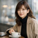 窓辺のカフェでコーヒーカップに手を添え、こちらに穏やかに微笑む大人の日本人女性の横長ポートレート（黒タートル×ベージュコート、柔らかな自然光と背景ボケ） Wide landscape portrait of an adult Japanese woman in a window-side cafe, gently smiling with a hand on a coffee cup (black turtleneck, beige coat, soft daylight, clean bokeh background).