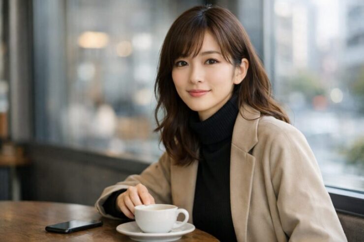 窓辺のカフェでコーヒーカップに手を添え、こちらに穏やかに微笑む大人の日本人女性の横長ポートレート（黒タートル×ベージュコート、柔らかな自然光と背景ボケ） Wide landscape portrait of an adult Japanese woman in a window-side cafe, gently smiling with a hand on a coffee cup (black turtleneck, beige coat, soft daylight, clean bokeh background).