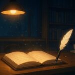 夜の喫茶店カウンターに開かれたノートと羽ペン。ページには構文が淡く光り、静かな問いの始まりを象徴する一枚。