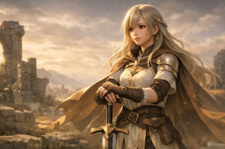 夕暮れの遺跡に立つ勇者ミリア。剣に手を添え、静かな決意の表情で前方を見つめる。逃げることも戻ることも知る、レジリエンスを象徴するファンタジーイラスト。 Miria, a calm heroic warrior, stands among ancient ruins at sunset, hands resting on her sword. Her quiet, resolute gaze symbolizes resilience, retreat, and the strength to return.